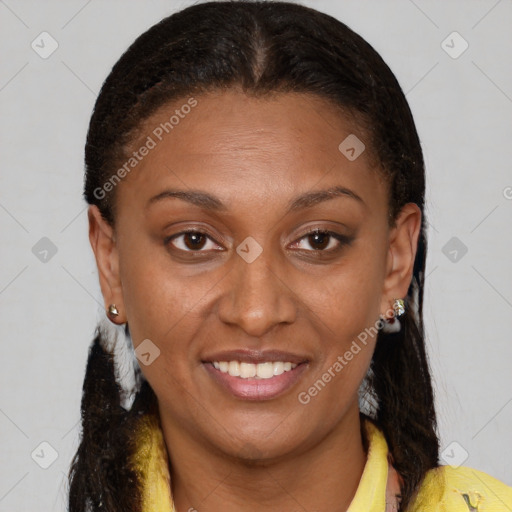 Joyful latino young-adult female with medium  brown hair and brown eyes