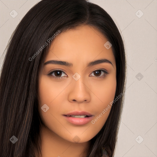 Neutral asian young-adult female with long  brown hair and brown eyes