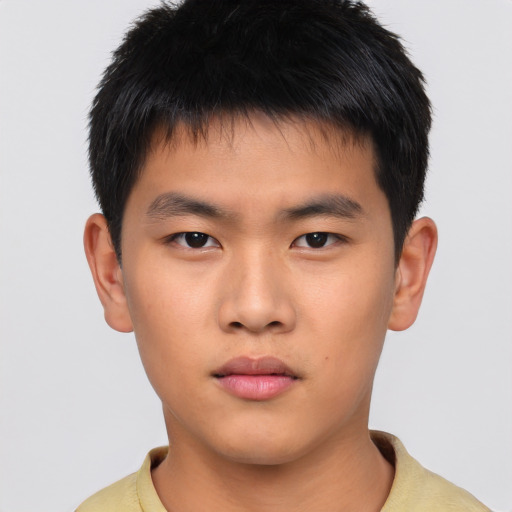 Neutral asian young-adult male with short  brown hair and brown eyes
