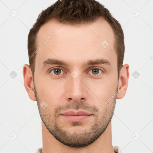 Neutral white young-adult male with short  brown hair and grey eyes