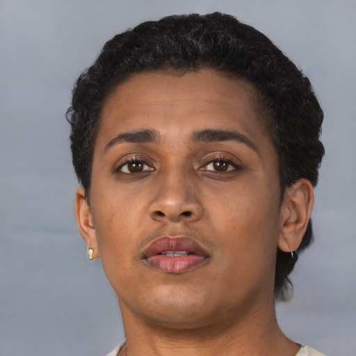 Neutral black young-adult female with short  brown hair and brown eyes