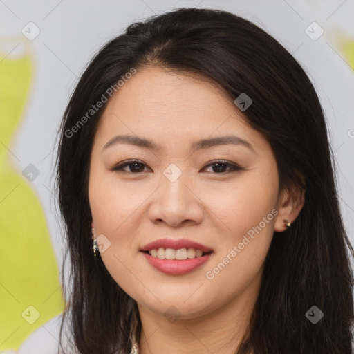 Joyful asian young-adult female with long  brown hair and brown eyes