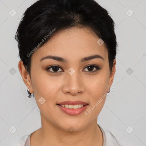 Joyful latino young-adult female with short  black hair and brown eyes