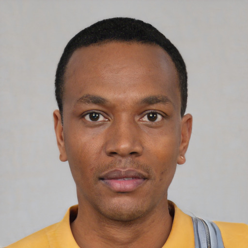 Neutral black young-adult male with short  black hair and brown eyes