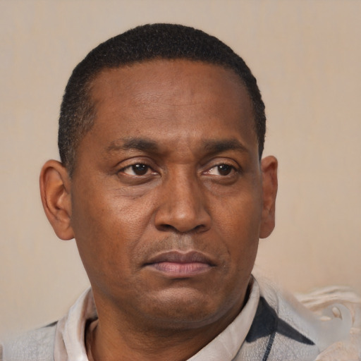 Neutral black adult male with short  black hair and brown eyes