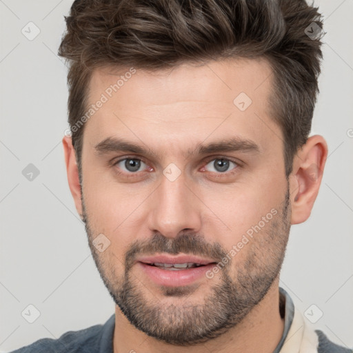 Neutral white young-adult male with short  brown hair and brown eyes