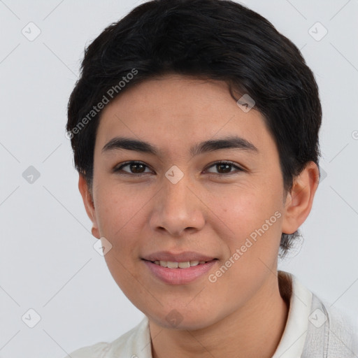 Joyful asian young-adult female with short  brown hair and brown eyes