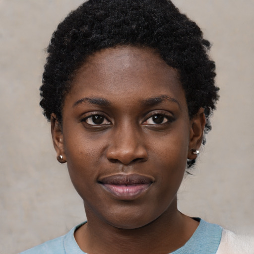 Neutral black young-adult female with short  black hair and brown eyes