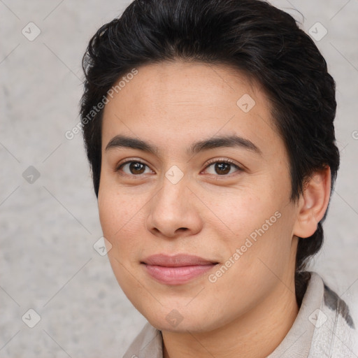 Joyful asian young-adult female with short  brown hair and brown eyes