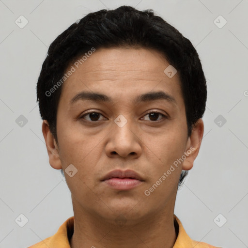 Neutral latino young-adult female with short  brown hair and brown eyes