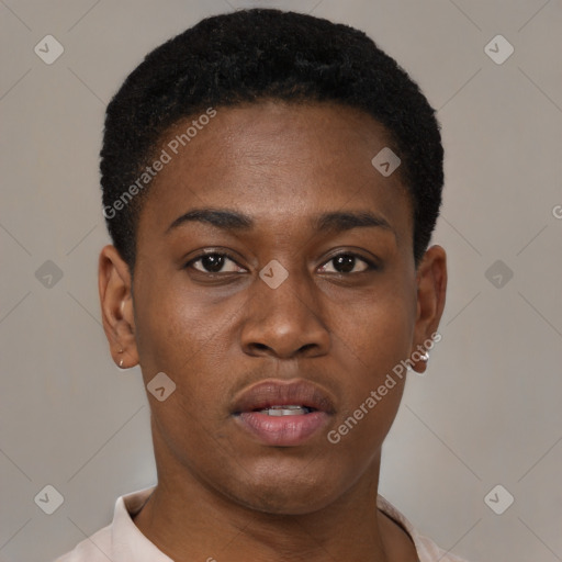 Neutral black young-adult male with short  black hair and brown eyes