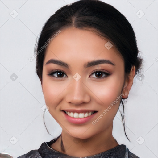 Joyful latino young-adult female with medium  black hair and brown eyes