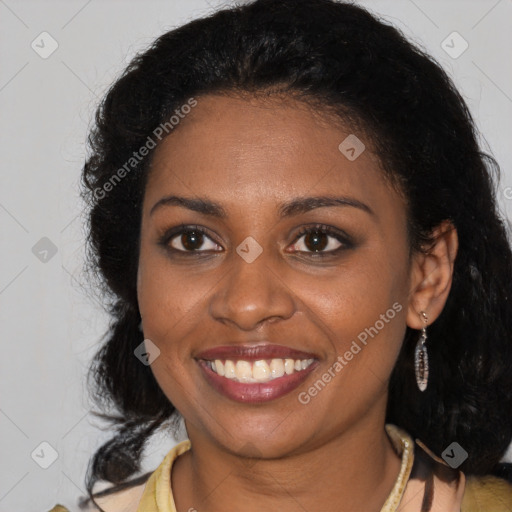 Joyful black young-adult female with medium  brown hair and brown eyes