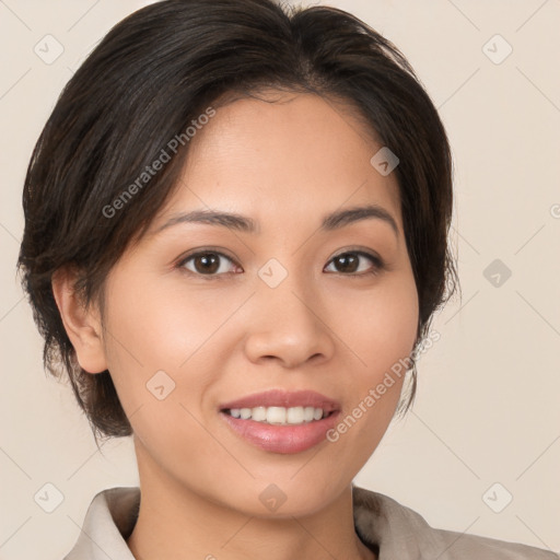 Joyful white young-adult female with medium  brown hair and brown eyes