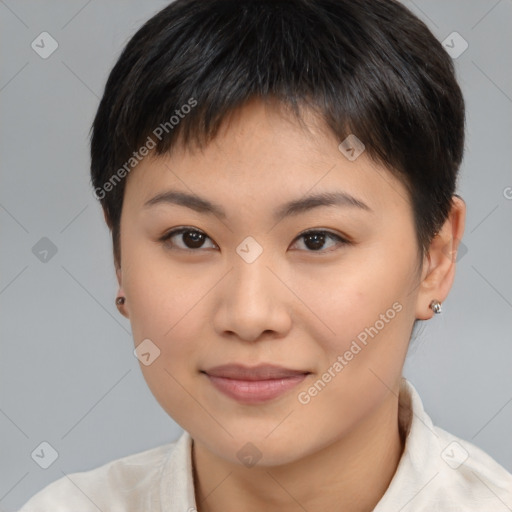 Joyful asian young-adult female with short  brown hair and brown eyes