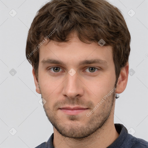 Neutral white young-adult male with short  brown hair and grey eyes