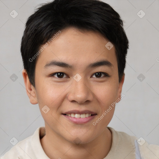 Joyful latino young-adult male with short  brown hair and brown eyes