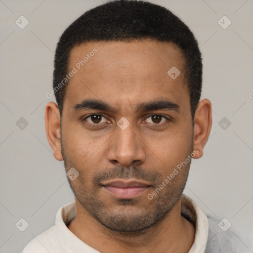 Neutral latino young-adult male with short  black hair and brown eyes