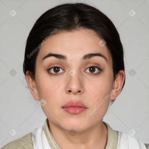 Neutral white young-adult female with medium  brown hair and brown eyes