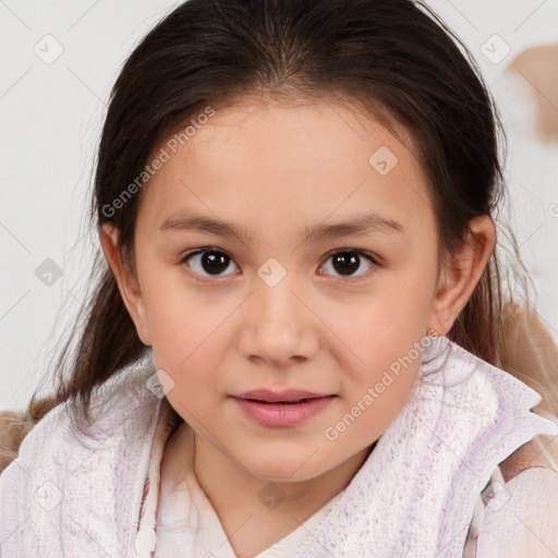 Joyful white child female with medium  brown hair and brown eyes