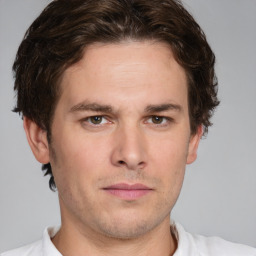 Neutral white young-adult male with short  brown hair and grey eyes