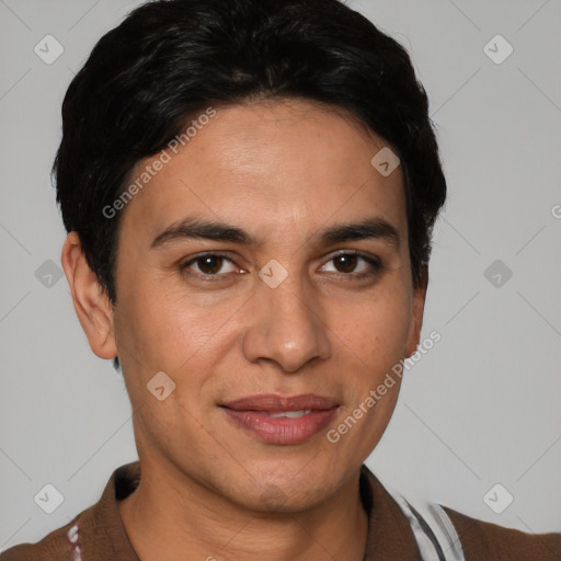 Joyful white young-adult male with short  black hair and brown eyes