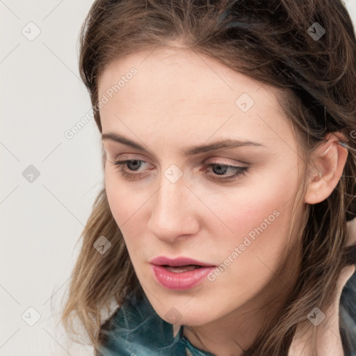 Neutral white young-adult female with long  brown hair and grey eyes