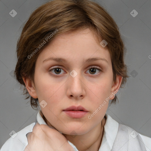 Neutral white young-adult female with medium  brown hair and brown eyes