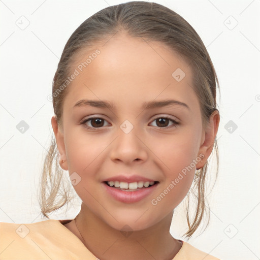 Joyful white child female with medium  brown hair and brown eyes