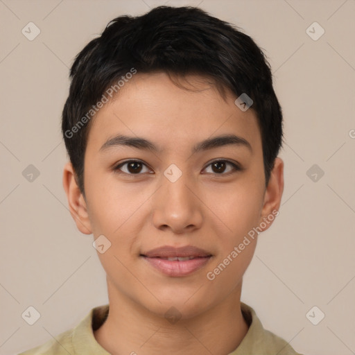 Joyful asian young-adult female with short  brown hair and brown eyes