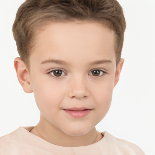 Joyful white child female with short  brown hair and brown eyes