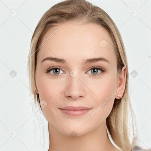 Joyful white young-adult female with long  brown hair and blue eyes