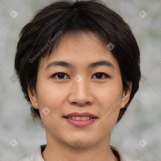 Joyful asian young-adult female with medium  brown hair and brown eyes