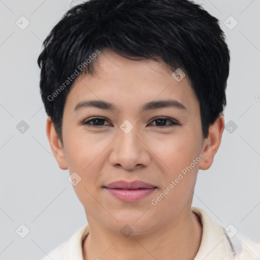Joyful asian young-adult female with short  black hair and brown eyes