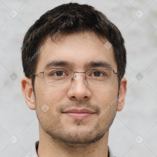 Neutral white young-adult male with short  brown hair and brown eyes