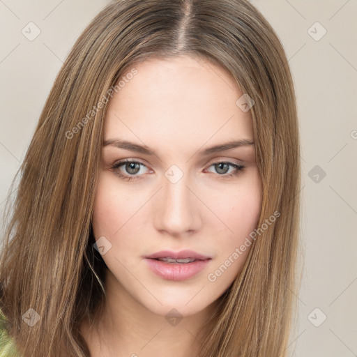 Neutral white young-adult female with long  brown hair and brown eyes