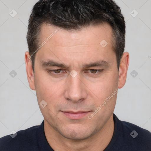 Neutral white adult male with short  brown hair and brown eyes