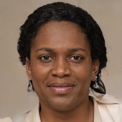 Joyful black adult female with short  black hair and brown eyes