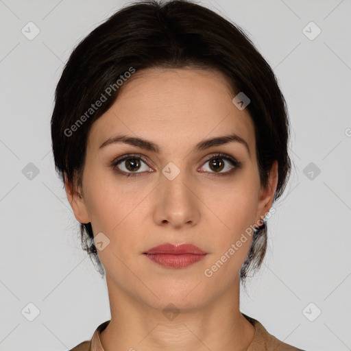 Neutral white young-adult female with medium  brown hair and brown eyes