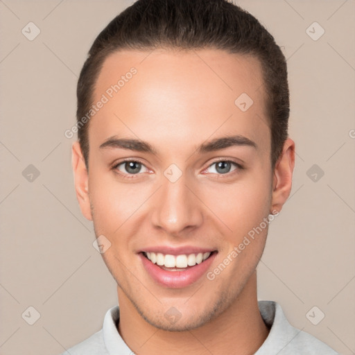 Joyful white young-adult male with short  brown hair and brown eyes