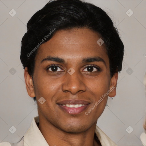 Joyful latino young-adult male with short  brown hair and brown eyes