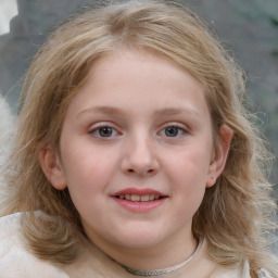 Joyful white child female with medium  brown hair and blue eyes