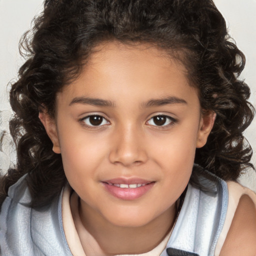 Joyful white child female with medium  brown hair and brown eyes