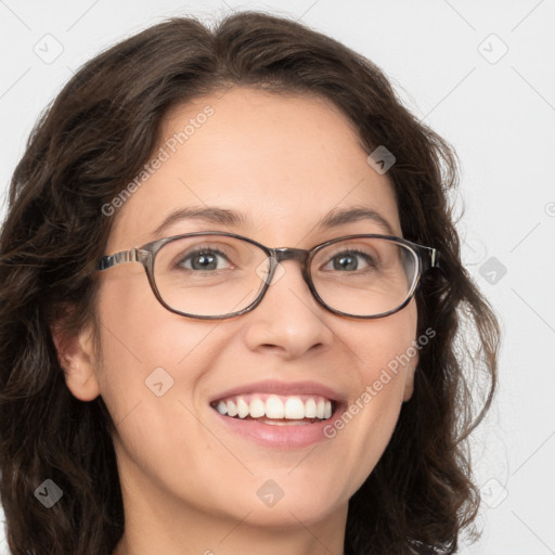 Joyful white young-adult female with long  brown hair and green eyes