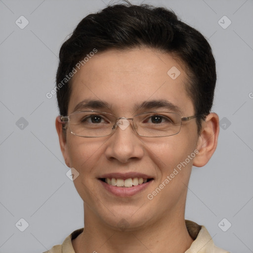 Joyful white adult male with short  brown hair and grey eyes