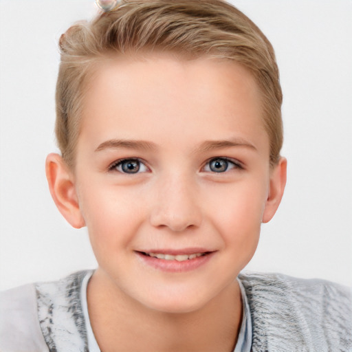 Joyful white child female with short  brown hair and grey eyes