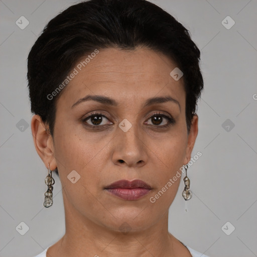 Neutral white adult female with short  brown hair and brown eyes