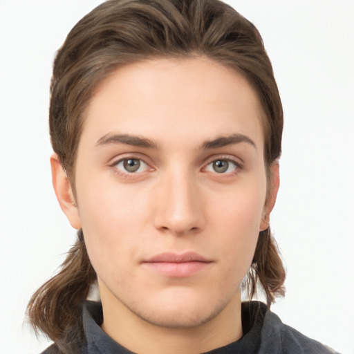 Neutral white young-adult male with medium  brown hair and grey eyes