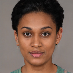 Neutral latino young-adult female with short  black hair and brown eyes
