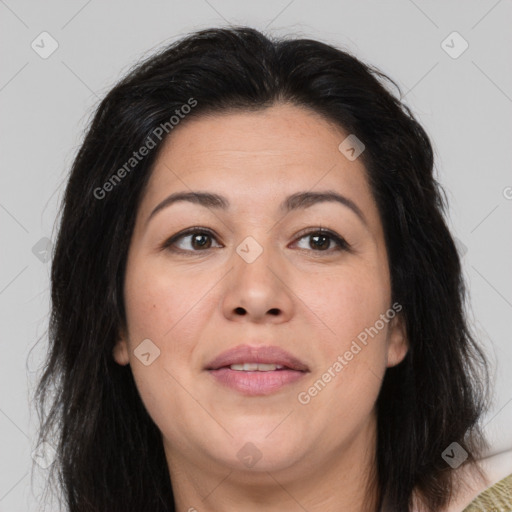 Joyful asian adult female with medium  brown hair and brown eyes